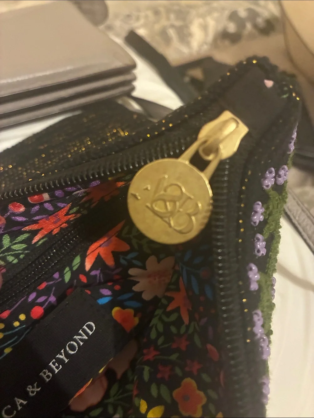 Beaded‎ Floral Wristlet Clutch in Black with Pink & Purple